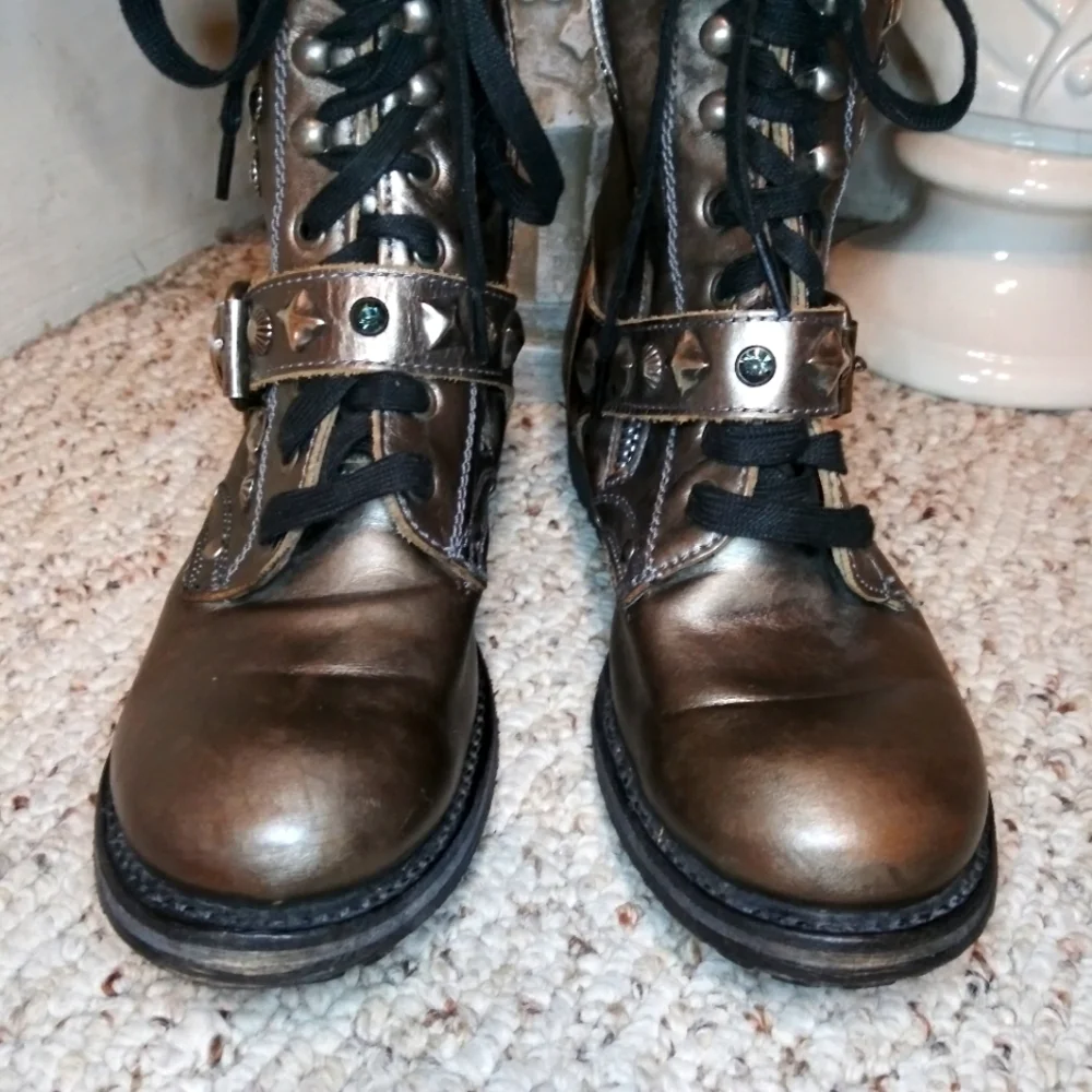ASH Ryhanna Silver & Rhinestone Studded Distressed Pewter Leather Combat Boots - Picture 5 of 11